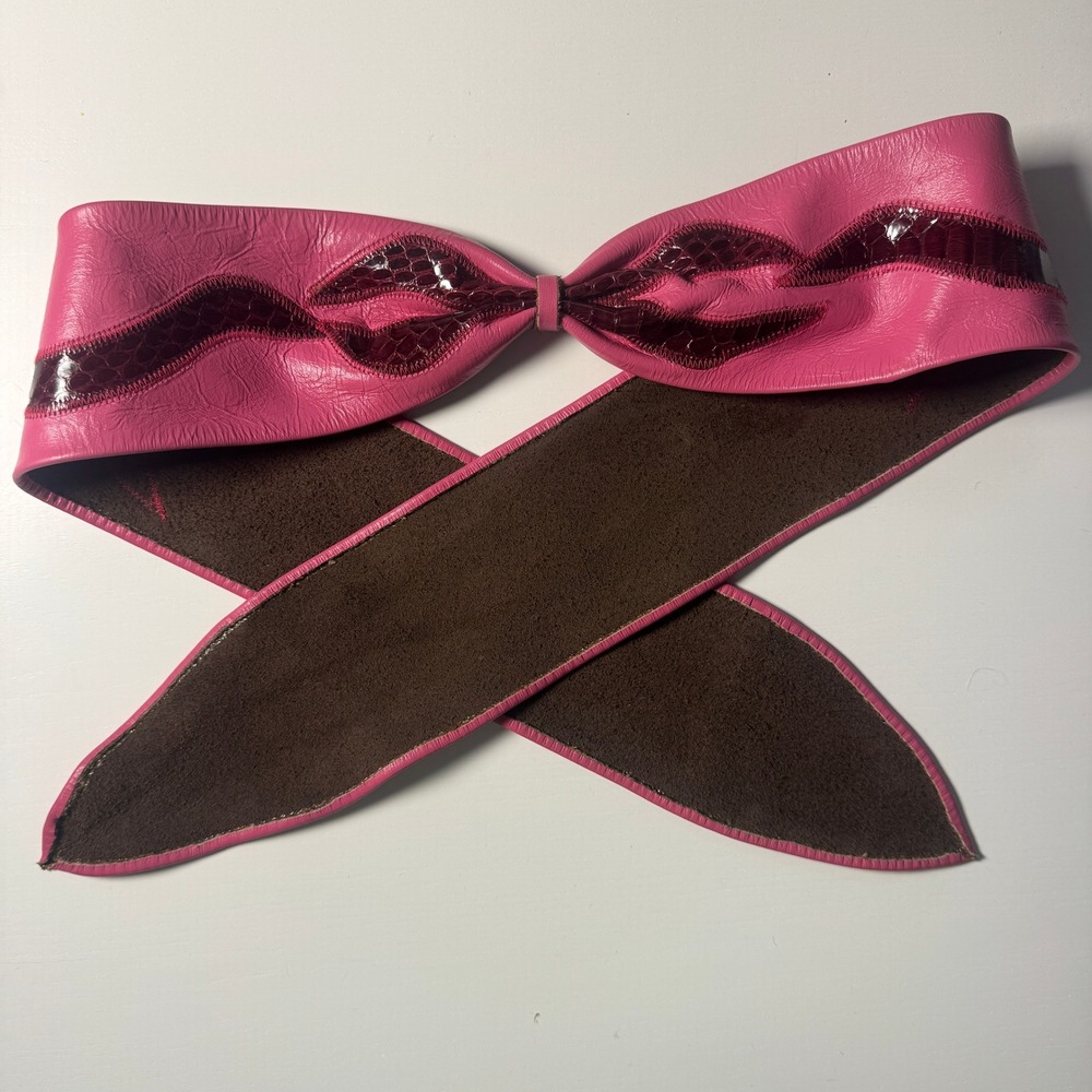 Vtg 80s Pink Leather Wrap Obi Belt Burgundy Snakeskin Embossed Bow Maximalist